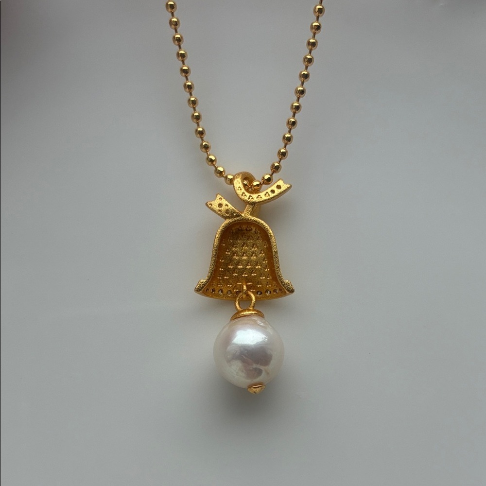 Gold-Plated Christmas Bell Pendant with Freshwater Pearl| Christmas jewelry gift - Picture 6 of 8
